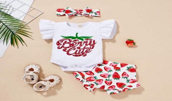 

clothing sets 024m infant baby girls summer short sleeve strawberry print rompershorts headbands 3 pcs outfits girl clothes1682710, White