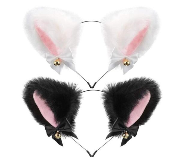 

plush furry cat ears headband with ribbon bells halloween cosplay costume accessories anime lolita girl party hairband headwear fo7540316, Slivery;white