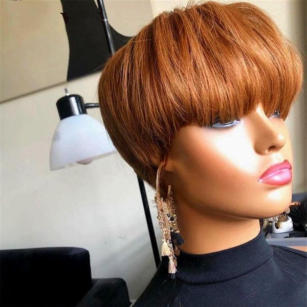 

mixed brown black color short pixie cut bob wigs 150% density none lace front human hair wigs for black women2635, Black;brown