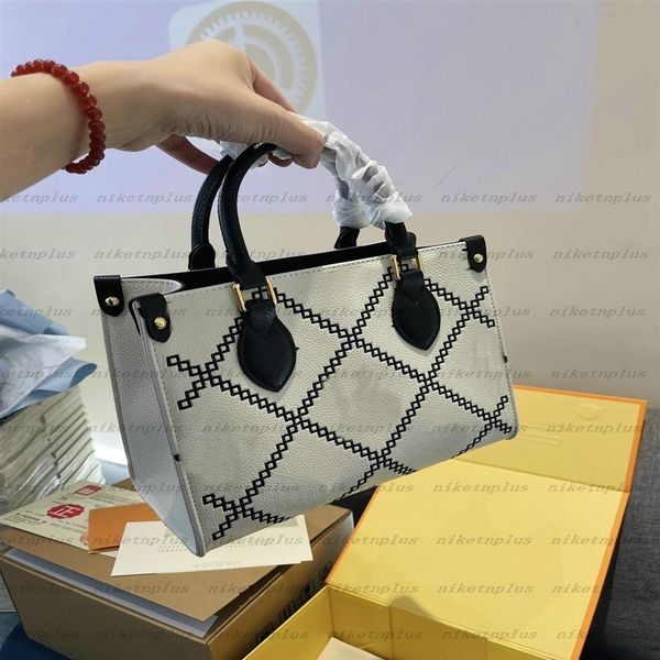 

onthego 25cm mini on the go pm tote bag embossed giant monograms pattern womens designer luxurys handbag diamond brown white archi2834