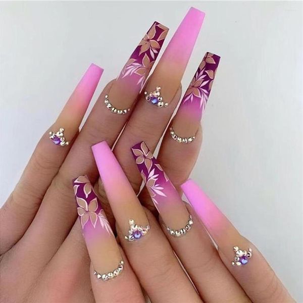 

false nails 24pcs box gradient purple ballerina with flower design coffin fake nail patches press on rhinestone tips241i, Red;gold