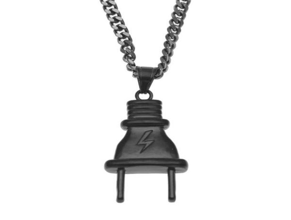 

men women gold black plug pendant stainless steel gold color bling hip hop necklace cuban chain fashion punk jewelry7082162, Silver