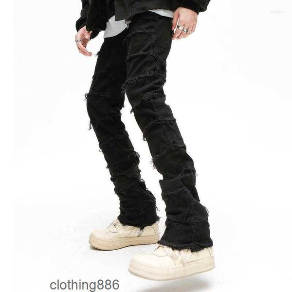 

men's jeans mens retro patchwork flared pants grunge wild stacked ripped long trousers straight y2k baggy washed faded for menni64, Blue