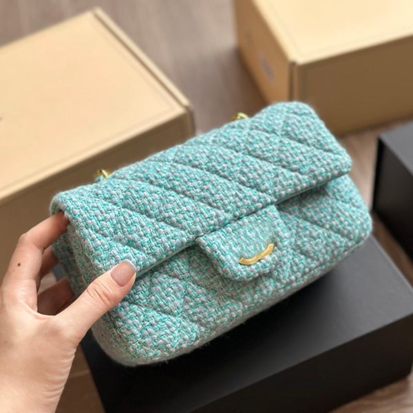 

pink/blue tweed wool knitting women designer classic flap bag gold metal hardware matelasse chain cross body shoulder handbag lady luxury pu