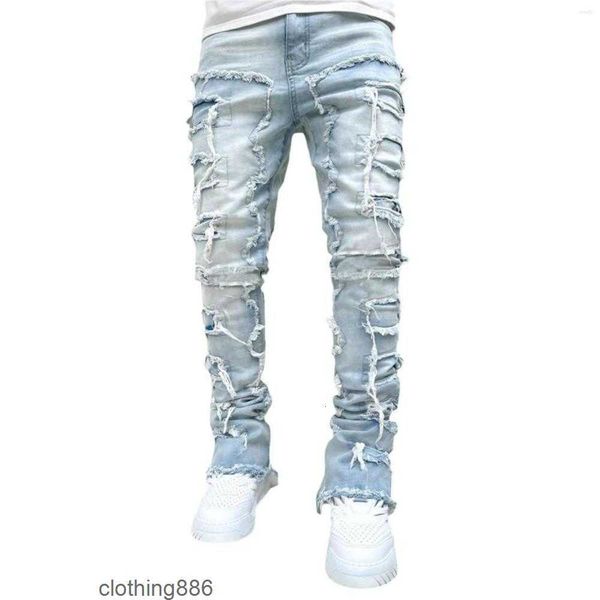 

men's jeans regular fit stacked patch distressed destroyed straight denim pants streetwear clothes casual jeanktg3, Blue