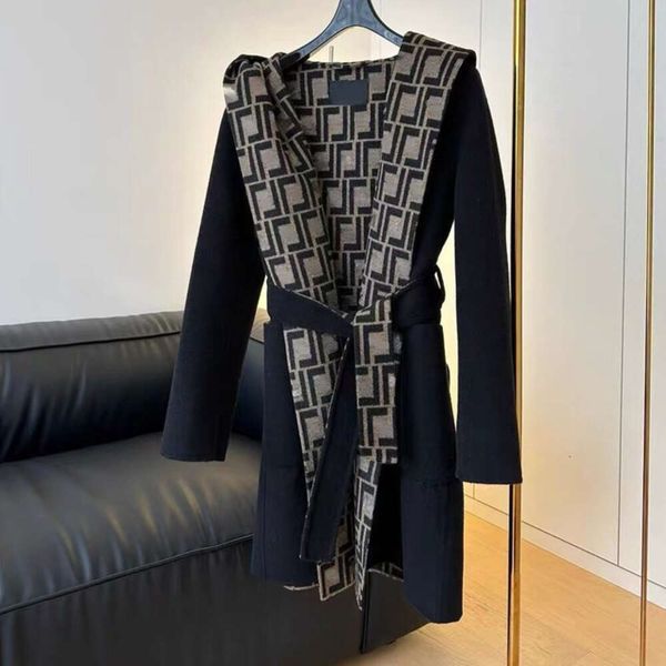 

winter woolen coats women hooded jacket classic f jacquard embroidery double sided trench coat belt decoration long jackets women's win, Black