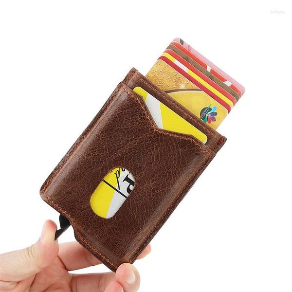 

card holders rfid aluminum case men automatic -up leather wallet luxury design cardholder 2023 carteira masculina296l, Brown;gray