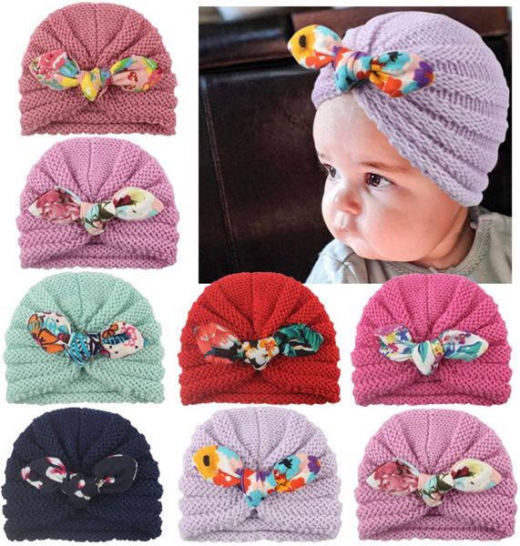 

new baby girl boy knitted turban bunny ears bow hat toddler kids head wrap headband solid candy color wool cap 6m4t8470372, Yellow