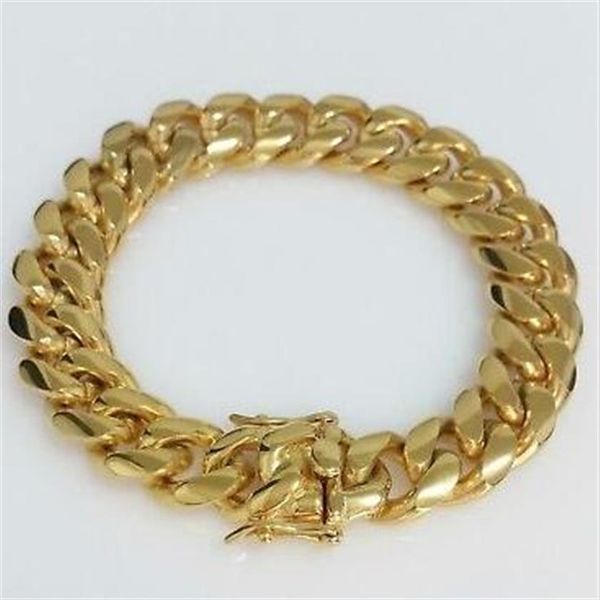 

men 18k yellow gold box clasp 12mm miami cuban link bracelet292g, Black