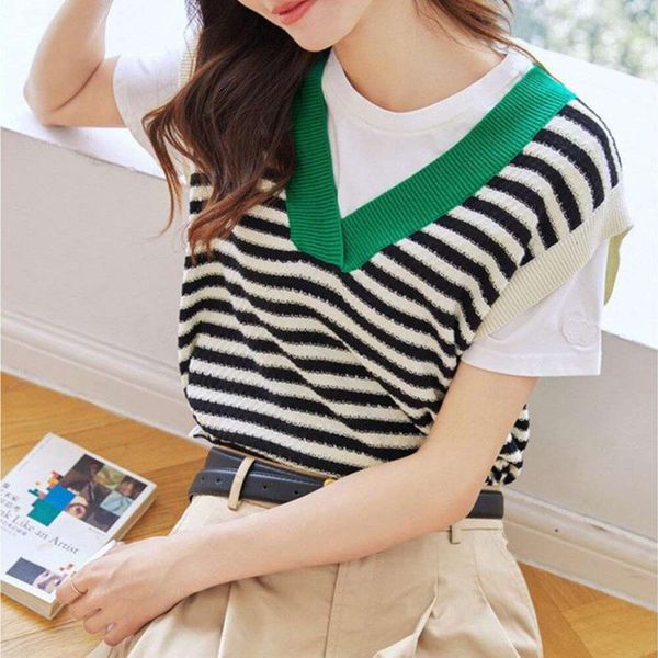 

autumn and winter v neck striped vest sleeveless pullover sweater all matching age reducing knitted top, Black;white