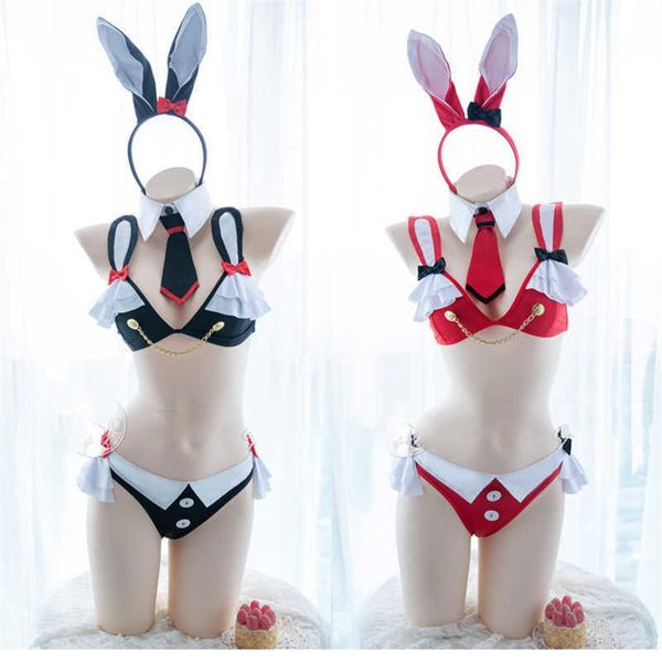 

cosplay wigs nekopara chocola cosplay lingerie set cute lolita bunny girls rabbit ears bikini with tail kawaii anime maid uniform 241s, Black