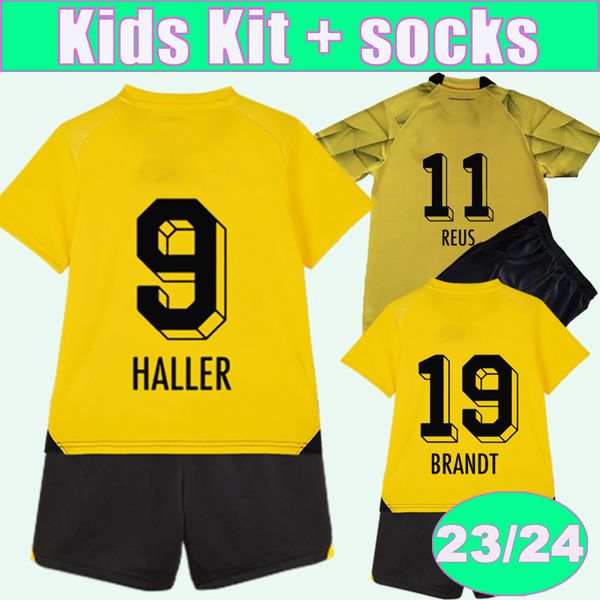 

2023 24 hazard kids kit soccer jerseys cup jersey reus haaland brandt hummels home yellow child suit football shirts short sleeve uniforms, Black