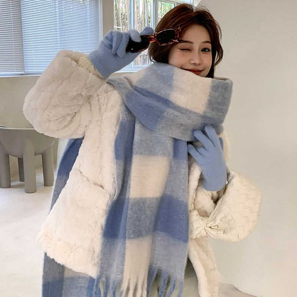

Plaid Rainbow Scarf for Women's Autumn and Winter New Style Neck Versatile Thickened Warm Imitation Cashmere High Grade Feeling Shawl a