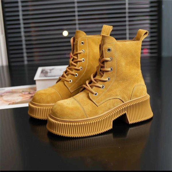 

martin boots women's new spring and autumn genuine leather thick sole handmade round head big yellow british style matte medium sleeve, Black