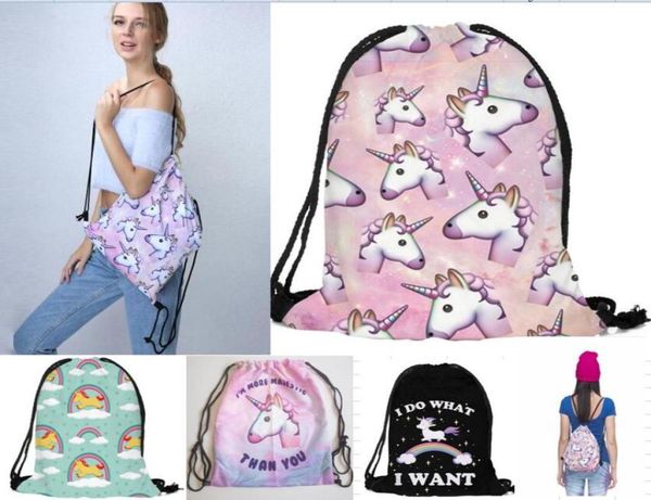 

2018 new arrival 3d printed unicorn drawstring bags fashion casual women travel bags for school backpacks 3pcs2771610
