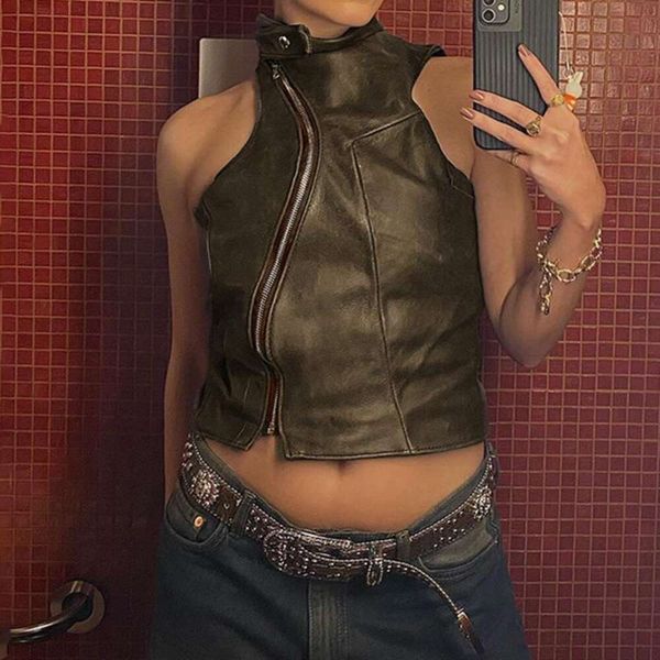 

american retro asymmetrical biker style leather vest girl zipper tight half collared, Black;white