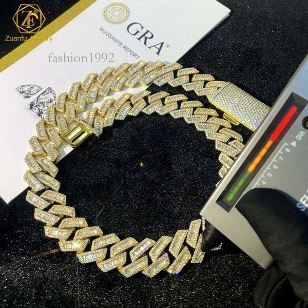 

Big 20Mm Hip Hop Baguette Moissanite Cuban Link Chain Gold Plated Sterling Sier Vvs Diamond Cuban Necklace
