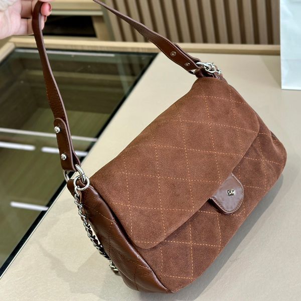 

7A Women Underarm Small Lambskin Suede One Backpack Sier Chain Bag Adjustable Shoulder Strap 30cm, Brown