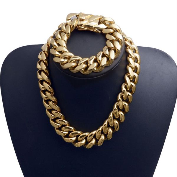 

22mm exaggerated super-wide men cuban link chain jewlery set hip hop stainless steel choker necklace bracelet 18k gold plated 16&q236u, Silver