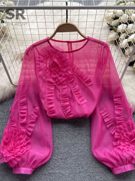 

women's blouses shirts singreiny ruffled patchwork chiffon shirt women lantern sleeve o neck solid fashion loose ladies y2k elegant sun, White