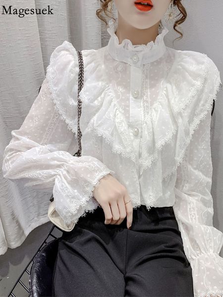 

women's blouses shirts fashion ruffle stitching elegant lace blouse long sleeve loose chiffon shirts korean style stand collar pleated, White