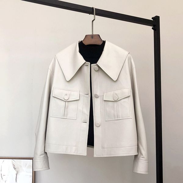 

2023 spring new haining genuine leather clothes womens short genuine leather sheepskin square collar fashionable jacket, Black