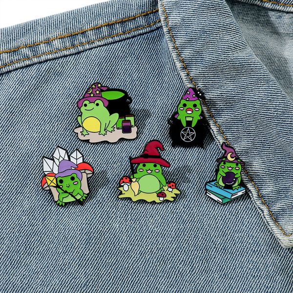 

halloween witch frogs enamel pins custom spell book magic wand potion moon phase brooch lapel badge animal jewelry gift for kids friends, Blue