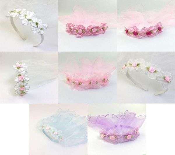 

girls wedding agaric mesh veil headband glitter trim artificial flower wreath crown hair hoop first communion headband12149888, Slivery;white
