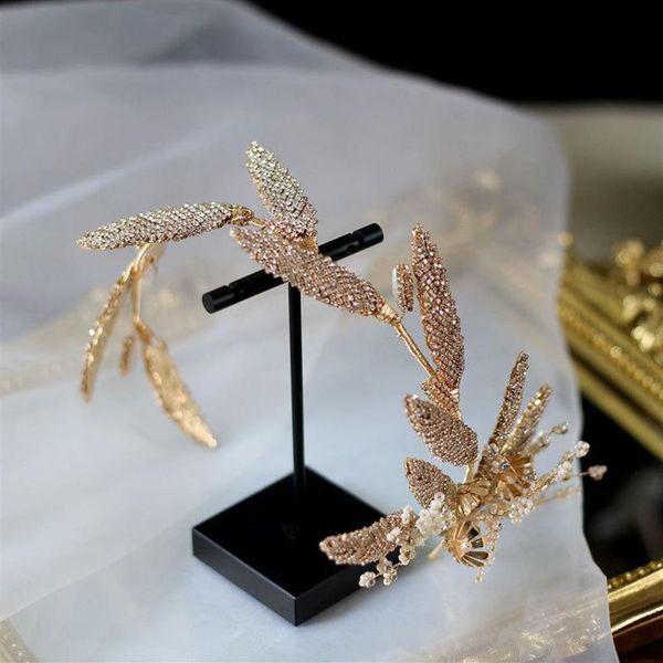 

hair clips & barrettes bride elegant crystal pearls floral hairband with earrings gold retro leaves head piece luxury headband wed255d, Golden;silver
