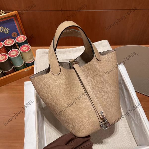 

Top Designer tote luxury bag bucket bag handbags All handmade wax thread bag 18cm Soft Gold silver Lock Large capacity togo Leather totes Barrel-shaped lady Original a, 19