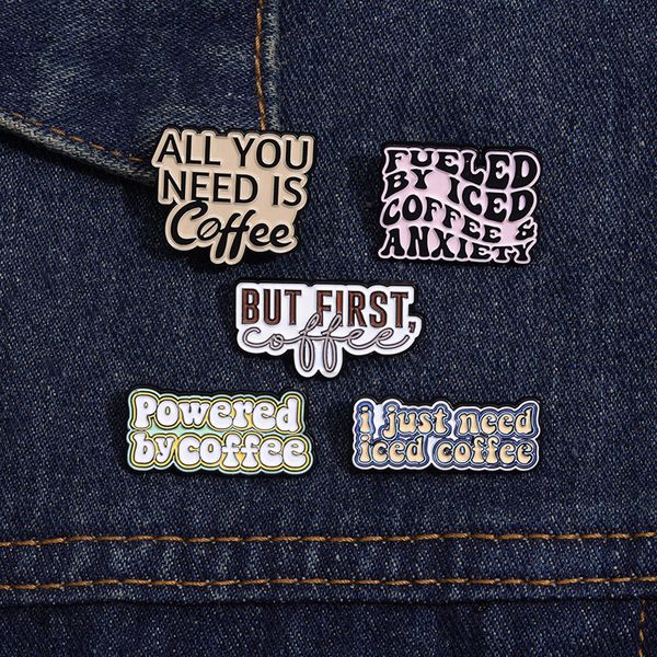

Coffee Lovers Letter Brooches Pins Jewelry Metal English Words Round Clothes Badge Square Coffee Cup Bottle Lapel Pin For Women Cloth Backpack Hat Decoration