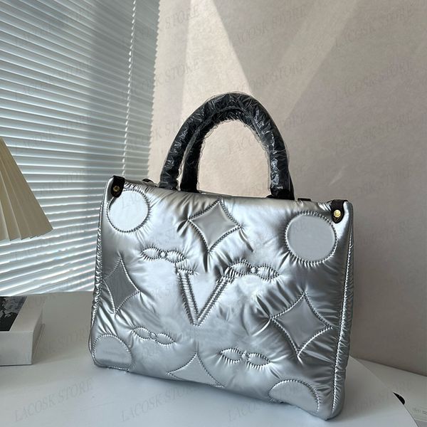 

23 Winter Designer Bags Unisex Feather Down Totes Large Soft Handbags Men Boston Shopping Bag Crossbody with Classic Embroidery Letter, Silver1