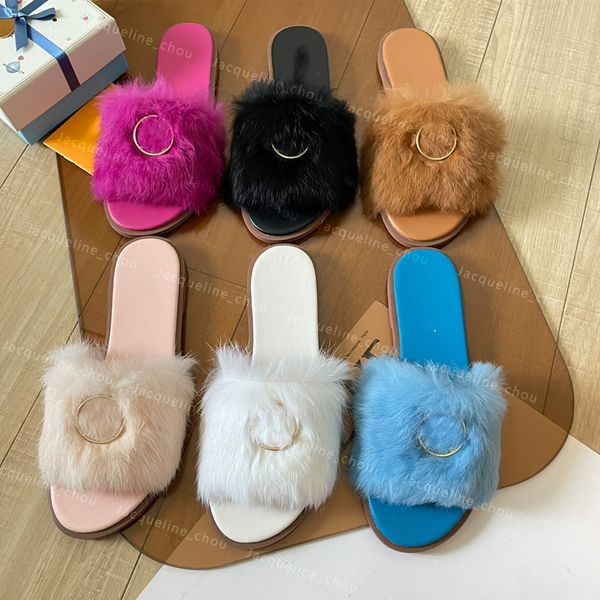 

Winter Fur Slippers Designer Womens Fluffy Slides Metal Circle Warm Plush Furry House Slipper Sandal Outdoor Flat Heels Sliders Shoes Size 36-42, 1#