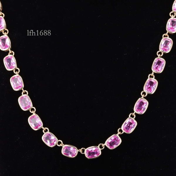 

Starsgem 10K Yellow Gold 5X7mm Cushion Sukura Pink Color Lab Sapphire Link Tennis Chain Necklace
