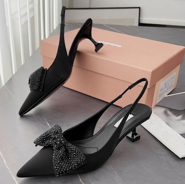 

Mi Women Bow Rhinestone Cat heel shoes and sandals low-heeled shoes pointy shoes kitten ladies banquet holiday wedding sandals with box, Black