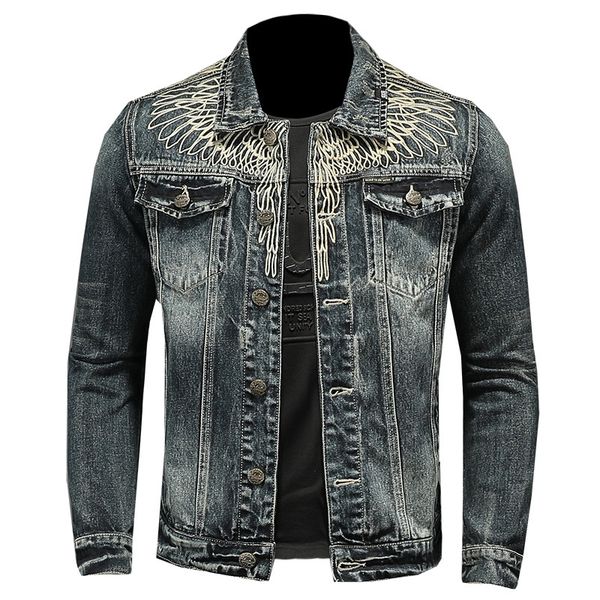 

Europe Classic Embroidery Plus Size Washed Coat Outerwear Zipper Biker Denim Blue Baseball Collar Jacket Man 4XL