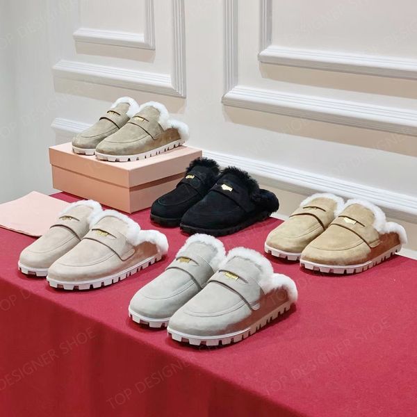 

new Fashion trendy Winter warm fur slippers women Furry slide fluffy sandals luxury Designer slide Factory Shoes, Grey