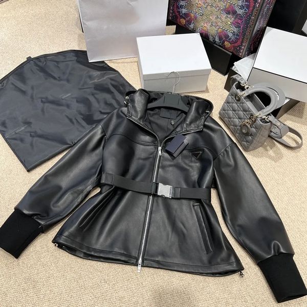 

Fashion Women's Jackets Ladies Leather Coats Zipper Triangle Logo Coat Black Long Style High waistband Jacket Classic Outdoor Wear