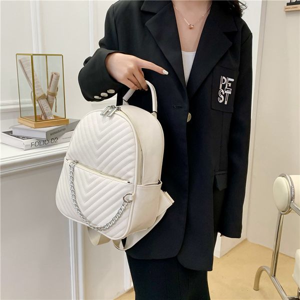 

Sales factory women shoulder bag 4 colors simple Joker solid color leather student backpack street fashion chain decorative handbag 8006#, White