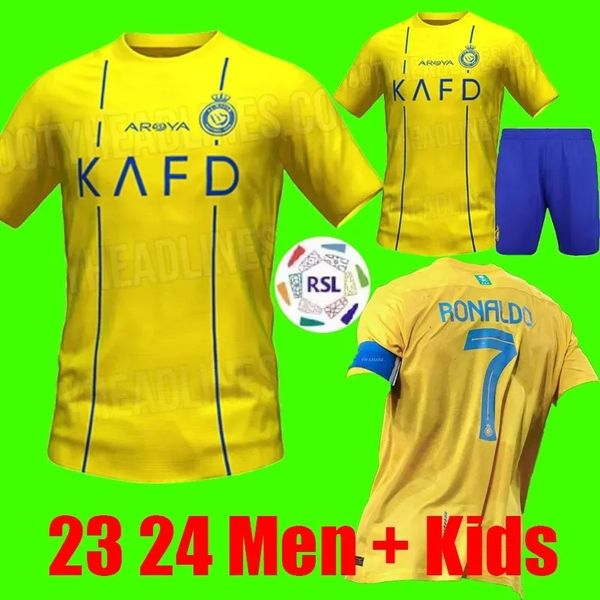 

23 24 Al Nassr FC Ronaldo soccer Jerseys Men Kids Kit uniform Home yellow CR7 boys Football shiirt BENZEMA Homes and away Fans Player Version jersey 2023 Saudi Arabia, 23 24 home adult