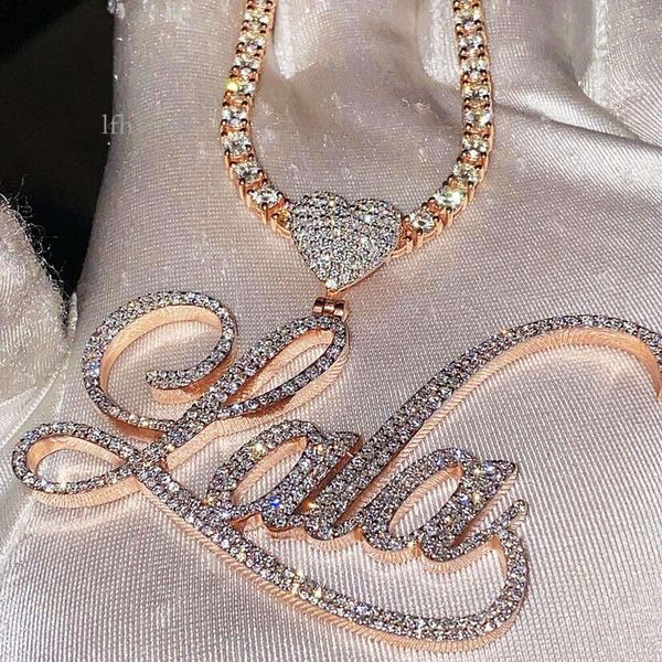 

Iced Out Hip Hop Women Choker S Sterling Sier 10K Solid Gold Letter Pendant Cursive Script Moissanite Pendant Necklace