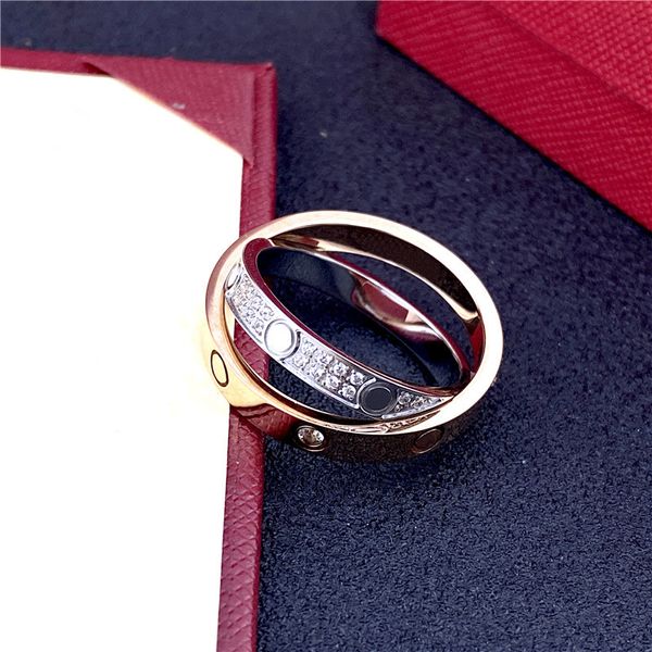 

Luxury Love Ring Mens Designer Screw Rings Couple Jewelry Titanium Steel Band Fashion Classic Gold Silver Rose Color Double Circle Diamonds Size 5-10