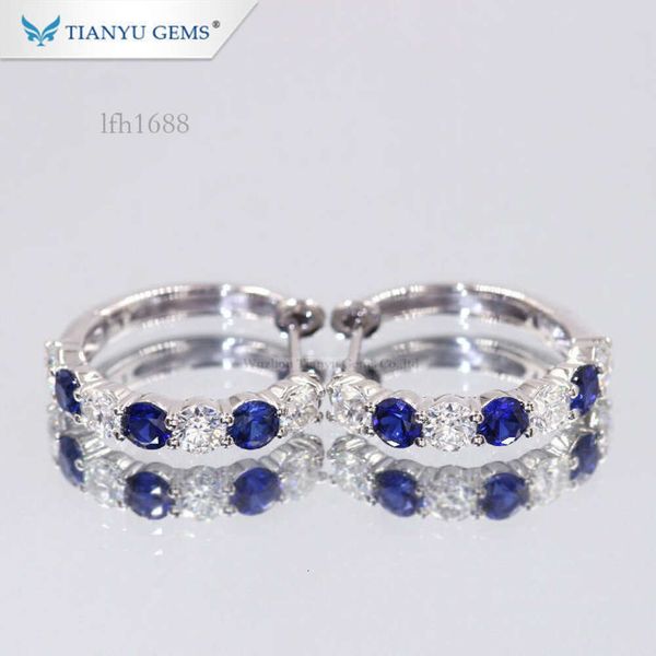 

14 K White Gold Earrings Moissanite Round Brilliant Cut And Synthetic Sapphire Earrings