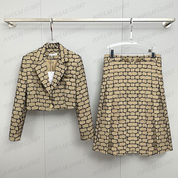 

Womens Elegant Dress Designer Skirt Set Classic Ladies Short Suit Pleated Skirt Autumn Winter Dress Jacket Luxury Clothes with Whole Letter, Brown