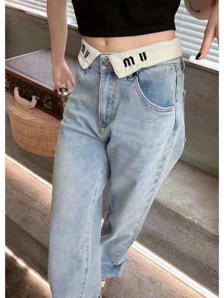 

Womens designer jeans high waisted skinny jeans with white lapel letter design and straight length Denim pants, Blue