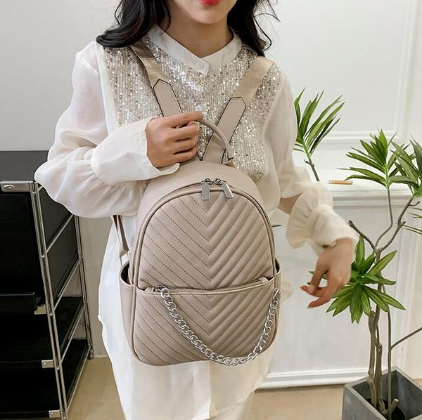 

Factory outlet women shoulder bag 4 colors simple Joker solid color leather student backpack street fashion chain decorative handbag 8006#, Khaki