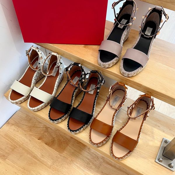 Women Rivet Shoes Fashion Espadrilles Wedge High Heels Genuine Leather Luxury Designer V Shoes Woman Open Heels Buckle Slingbacks High Quality Brand Sandals