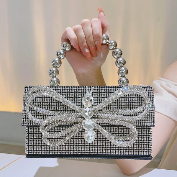 

Factory wholesale shoulder bags luxury sweet and lovely bow women chain bag styling square diamond handbag popular shiny beaded retro handbags A079#, Silver