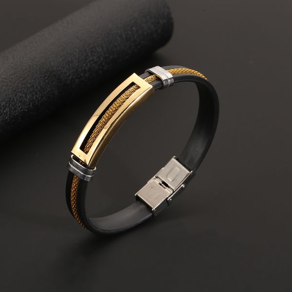 

Men Stainless Steel Bracelet Black Silicone Wristband Belt With Golden Chain Cool Wrap Cuff Bangle Fashion Gift Jewelry