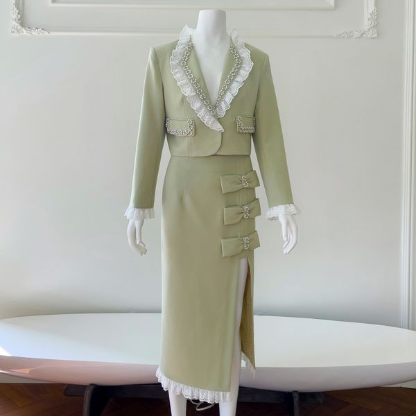 

Blazer + Mini Skirt long midi Suit bow split Luxury Hand Made Frill Lace Classy Retro Hot Pink for Girls Short Jacket summer suit sequin the perfect sequin party dress